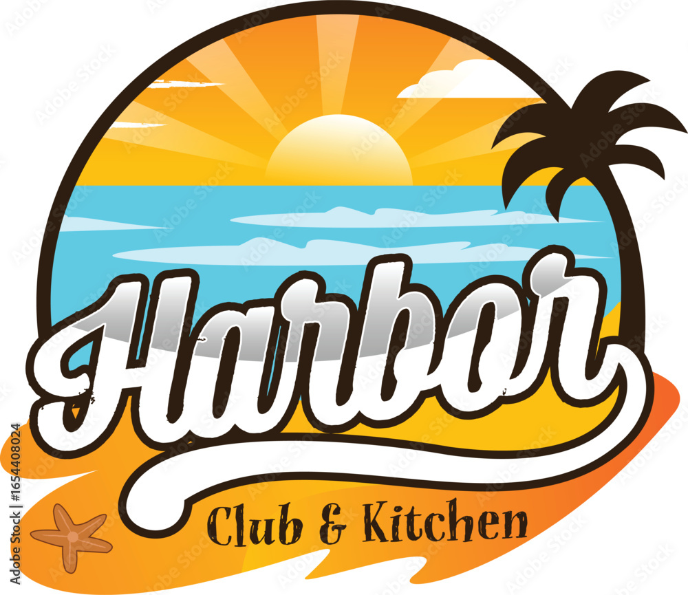 Obraz premium Stunning harbor club logo design with tropical beach vibes and vibrant sunset background illustration