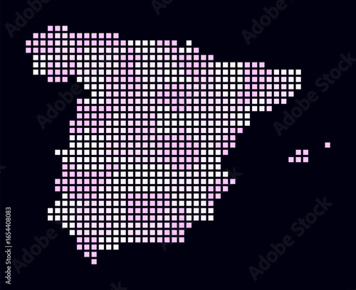 Spain dotted map. Digital style map of the country on dark background. Spain shape with square dots. Colored dots style. Large size squares. Simple vector illustration.
