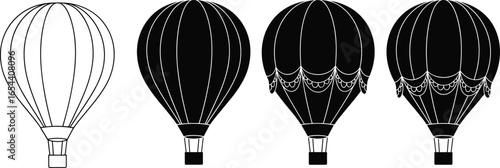 Set of four hot air balloon designs with outline, solid fill, decorative scallops, tassels, basket structure, black vector illustration