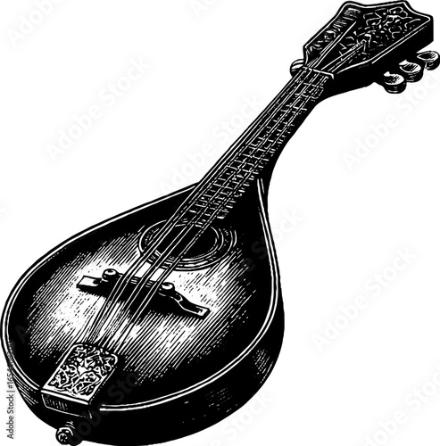 Vintage mandolin engraving art with intricate details for retro design projects