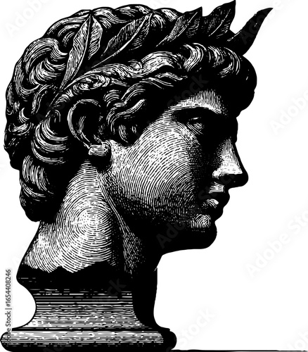 Classical marble bust sculpture engraving illustration for art design