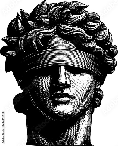 Engraved illustration of marble bust sculpture with blindfold - classical art design for cards and posters