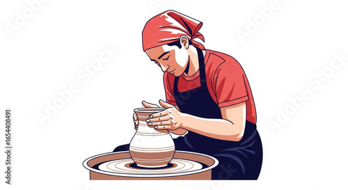 Pottery making illustration, artisan crafting clay on potter’s wheel
