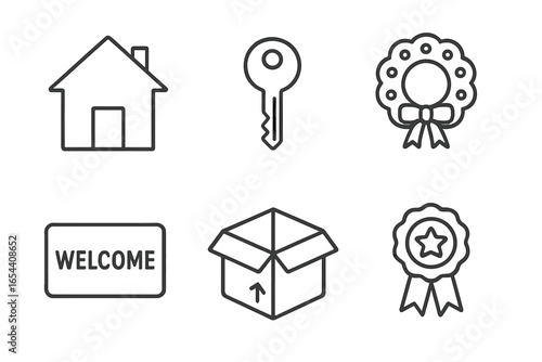 New home and moving icon set. Vector outline icons for housewarming, real estate, and congratulations. Includes house, key, wreath, welcome mat, moving box, and award ribbon.