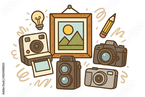Vintage and Modern Cameras Set with Framed Landscape Artwork, Artistic Inspiration, Photography Tools, Pencil, Light Bulb, Flat Cartoon Vector Illustration, Creative Studio Background