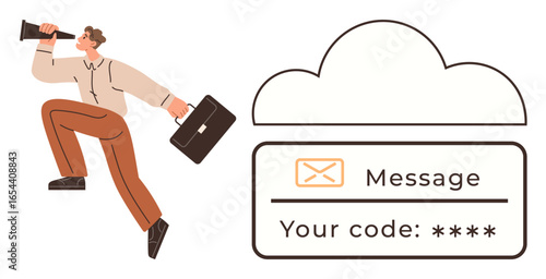 Businessman holding megaphone and briefcase rushing towards cloud interface displaying secure code notification. Ideal for communication, business alert, technology, teamwork, security