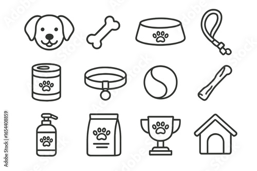 Set of dog pet care line icons vector illustration. Dog supplies, puppy accessories, food bowl, leash, bone, collar, toy, treats, grooming, house, cup, modern outline isolated graphic on white