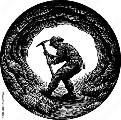 Miner with pickaxe in tunnel. Engraved vintage illustration, hand drawn sketch with detailed engraving.