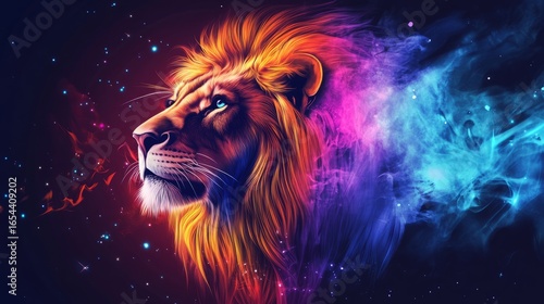 Majestic lion portrait with vibrant colorful light on dark background, stunning wildlife artwork highlighting the king of the jungle in bold illumination for dramatic animal wallpapers and creative di