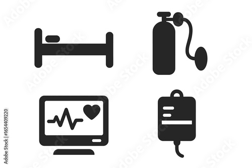 Hospital equipment solid glyph icon set. Medical and healthcare vector symbols. Hospital bed, oxygen tank with mask, heart rate monitor with ECG pulse, IV bag infusion drip.
