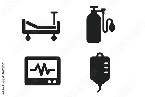 Medical and hospital equipment icon set. Solid glyph icons of a hospital bed, oxygen tank, heart rate monitor, and IV drip bag. Healthcare, emergency, and clinic concept.