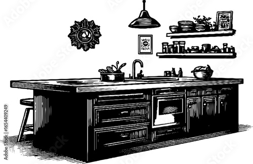 Modern minimalist kitchen design with engraved hand-drawn touch for retro decor
