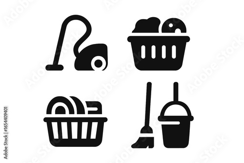 Household chores vector icon set. Solid glyphs of home cleaning tasks. Vacuum cleaner, laundry basket, dish rack, broom and mop bucket. Housework pictograms for design.