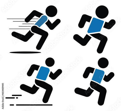 Set of four running icons with blue shirts—stylized silhouettes in varied poses with motion lines, symbolizing speed and physical activity