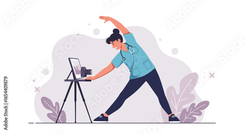 Woman in scrubs exercising in front of a camera on a tripod