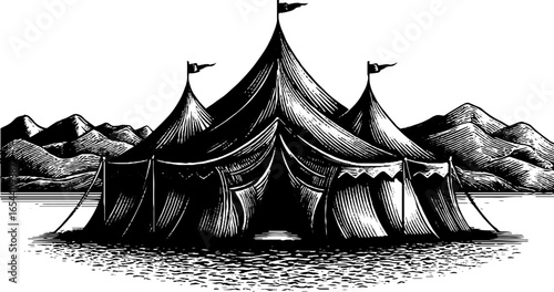 Nomad tent camp in desert landscape engraving for vintage design