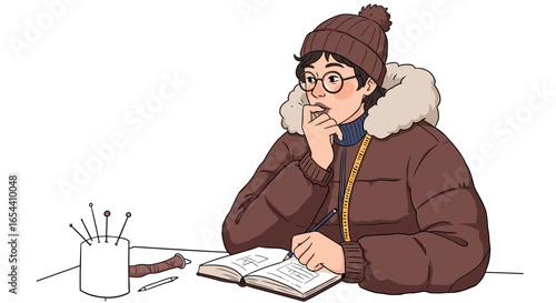 Person in winter attire sketching in a notebook at a table