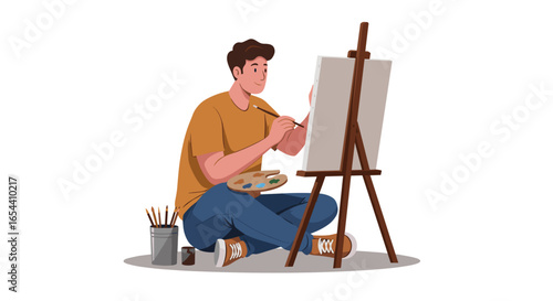 Man sitting painting on a canvas with an easel illustration