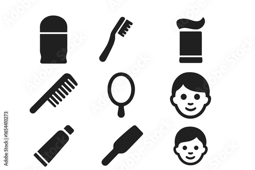 Hygiene and self-care solid glyph icon set. Personal grooming and bathroom routine symbols. Deodorant, toothbrush, toothpaste, comb, hairbrush, mirror, face icons vector.