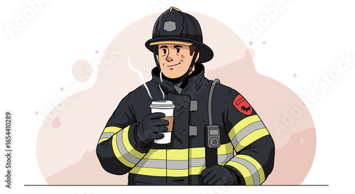 Firefighter in uniform holding a coffee cup in his gloved hand