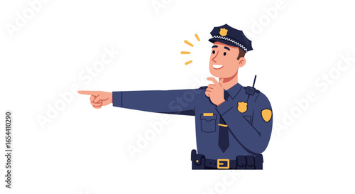 Policeman in uniform pointing with a smile and hand on chin
