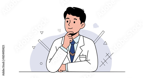A doctor in a white coat is thinking with hand on his chin