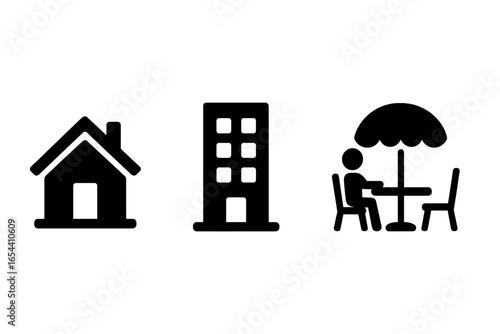 Work life balance icon set. Home, office and third place concept. Daily routine environments. House, building and cafe symbols. Persona context vector illustration.