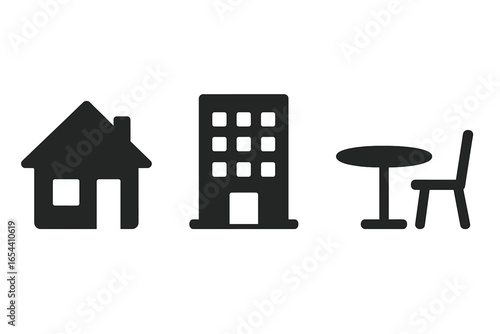 Work-life balance icon set. Home, office building, and cafe symbols. Daily routine, environment, and context vector graphics. Hybrid work life. Minimal glyph illustration.