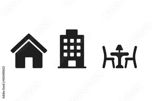 Work-life balance icon set. Solid glyph icons of a home, office building, and cafe table. Daily routine, environment, and persona context symbols for everyday life vector.