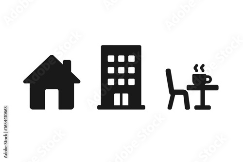 Work life balance icon set. Home, office building and cafe symbols. Daily routine concept. Private, public and third space. Glyphs for everyday life and environment.