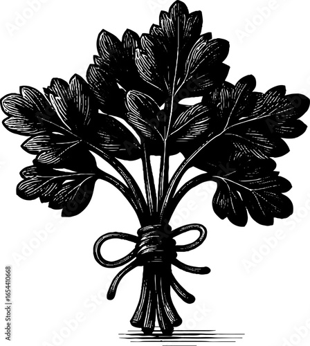 Vintage engraved illustration of tied parsley bunch for botanical design