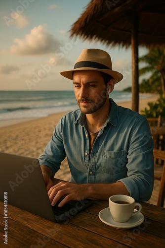 Man with hat works on laptop at beach cafe with coffee