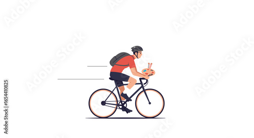 Delivery man riding bicycle carrying a cake in a box quickly