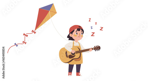 Girl plays guitar with kite and zzz symbols in the air near
