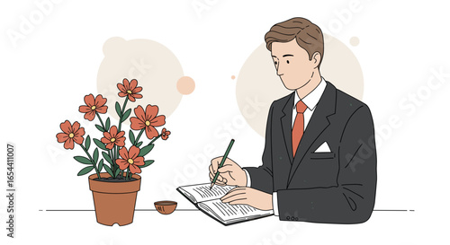 Man in suit writing in a book beside a potted flower plant