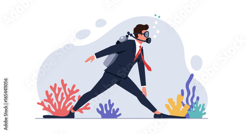 Man in suit and scuba gear walking underwater with coral reef