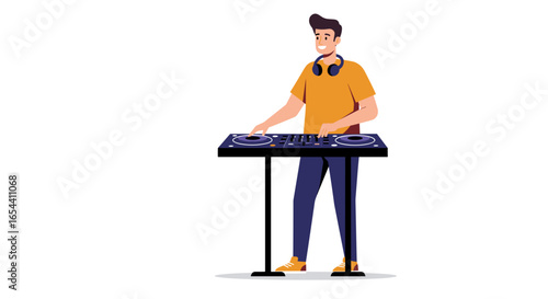 Man with headphones mixing music on a dj controller equipment