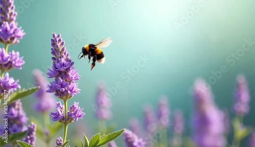 Close-Up of Bee and Lavender Flowers Springtime Pollinator Scene