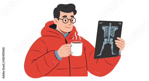 Man holding coffee and x ray image of skeleton in red jacket
