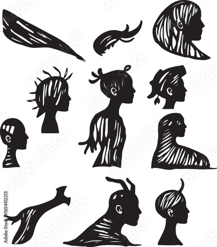 Silhouetted fantasy figures and creatures sketches