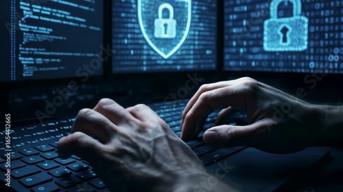 Security analyst defends network typing alerts, cybersecurity dashboard flashes warnings that skilled cybersecurity expert quells keeping vital cybersecurity shield strong. Concept digital protection