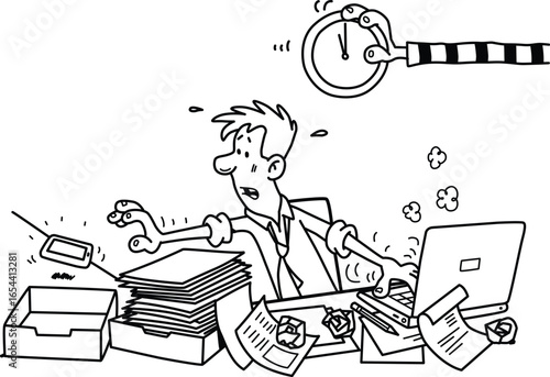 Deadline Stress Doodle Vector | Overworked Businessman Cartoon Illustration | Time Management Concept