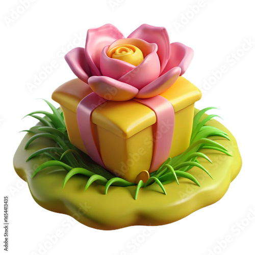 Yellow gift box with pink rose and ribbon isolated on transparent background