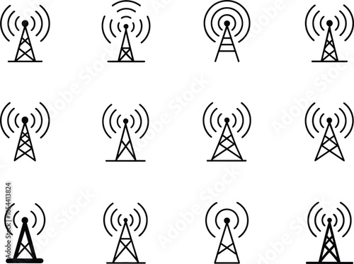 Radio, wifi, antenna, signal, broadcast, communication, tower, network, transmitter, wireless, mobile, cell, base, station, wave, icon, internet, connection, technology, vector