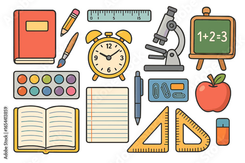 School supplies vector icon set. Back to school concept. Education and learning tools illustration. Cartoon stationery for student. Book, pencil, microscope, ruler, apple.