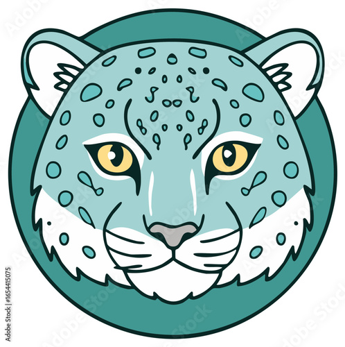 Stylized Snow Leopard Face with Teal and Yellow Accents