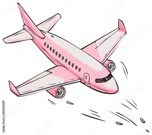 Illustrated Pink Passenger Airplane Taking Off with Vapor Trails Depicting Speed and Movement