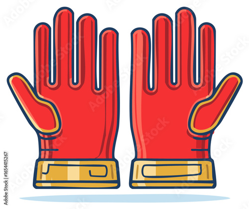 Pair of stylized red and gold cartoon gloves with a blue outline ready for action