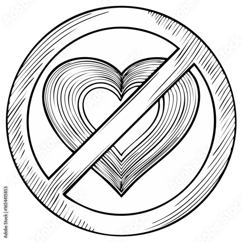 No Love Allowed Illustration: Heart with Prohibition Sign, Hand-Drawn Style