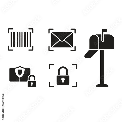 Black and white vector of secure mail and delivery icons including locked mailbox, parcel with padlock, envelope with shield, confidential
